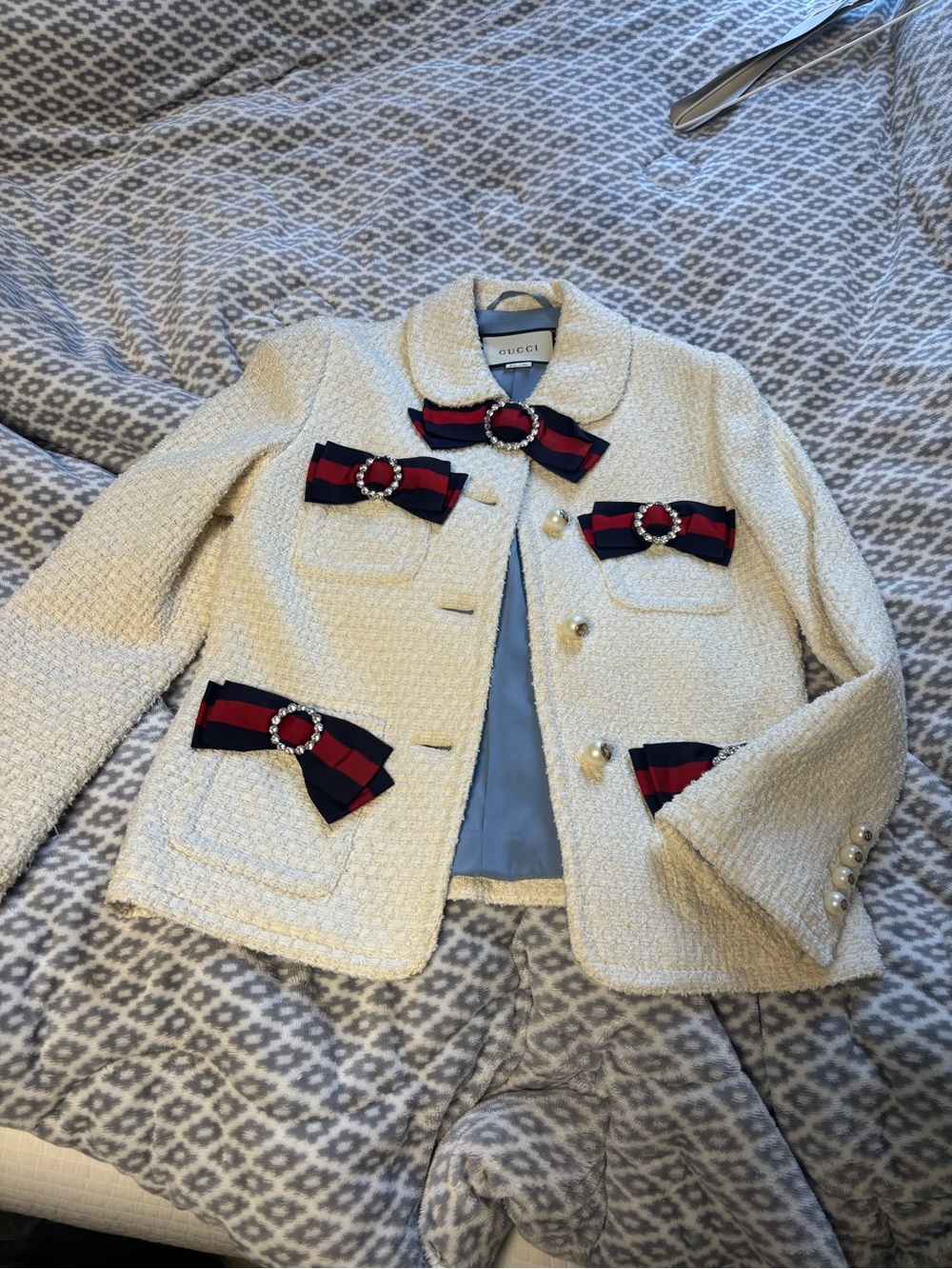 Gucci Cream Tweed womens' Jacket with Signature Red & Navy Bows